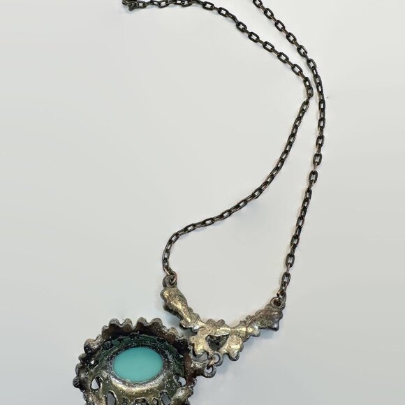 Art Deco Necklace, Robins Egg Blue, Pot Metal, Mixed Metal, Flowers, Box Clasp - Picture 5 of 8